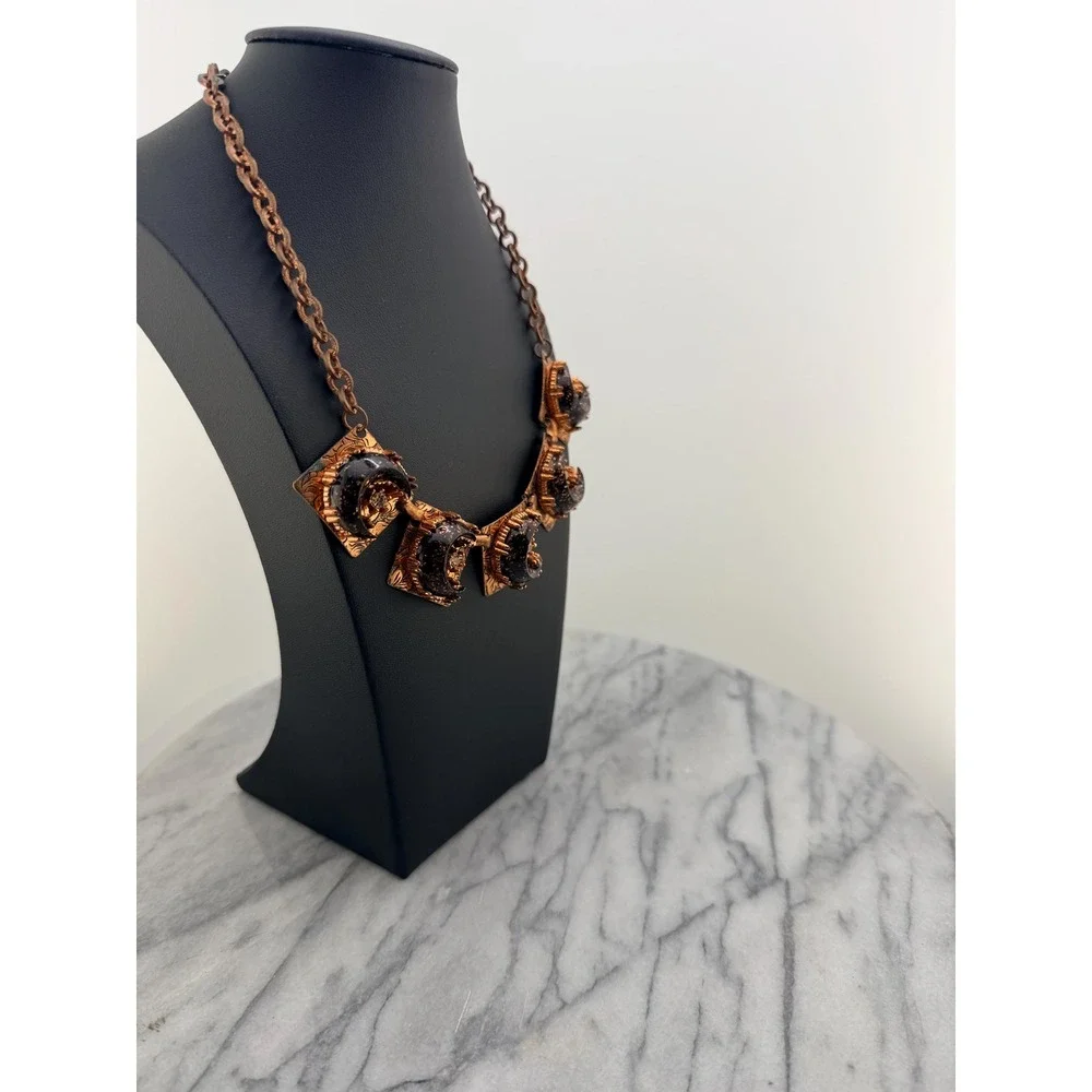 1950s Copper Tone Celestial Bib Necklace Black Confetti Lucite Moons, Whimsigoth - Picture 5 of 15
